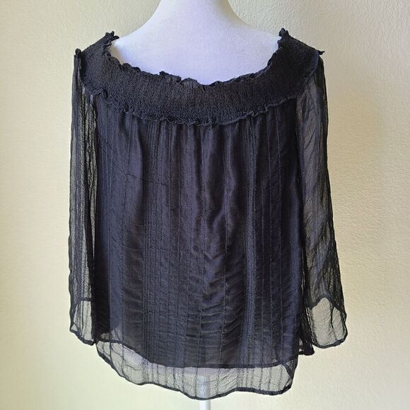 American Eagle Sheer Whimsigoth Top Small Goth Fairy Boho Black Bell Sleeve - Picture 8 of 12
